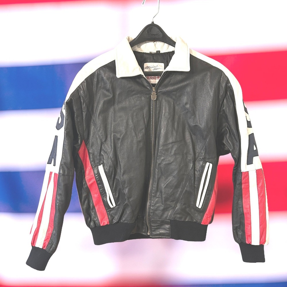 Vintage Michael Hoban WhereMI USA Flag Leather Jacket Large